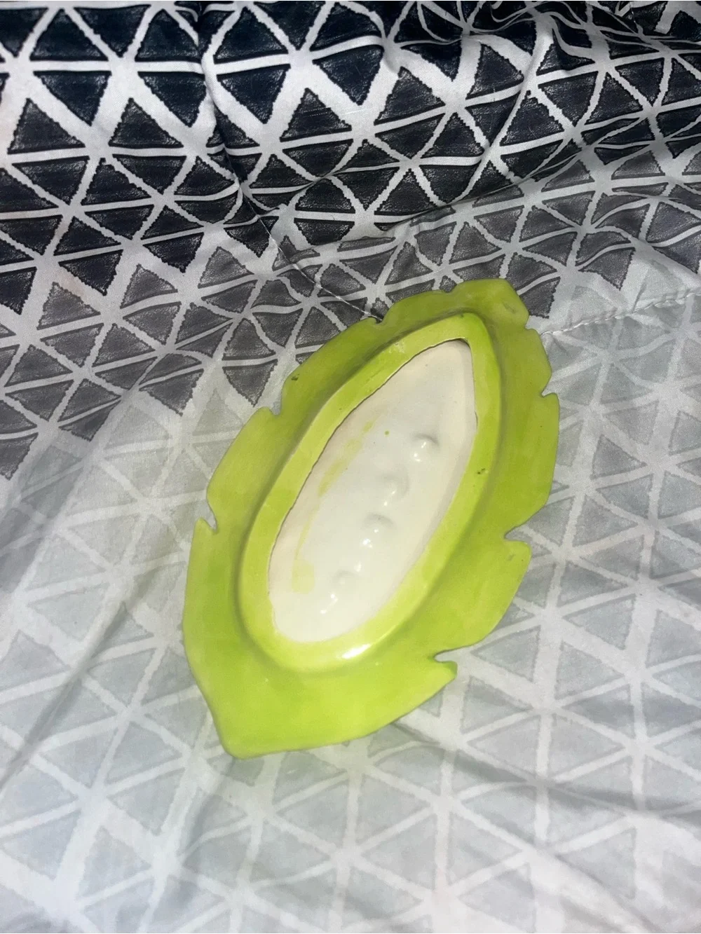Hand glazed Green Leaf Trinket Dish with Colorful tiki Mask Design